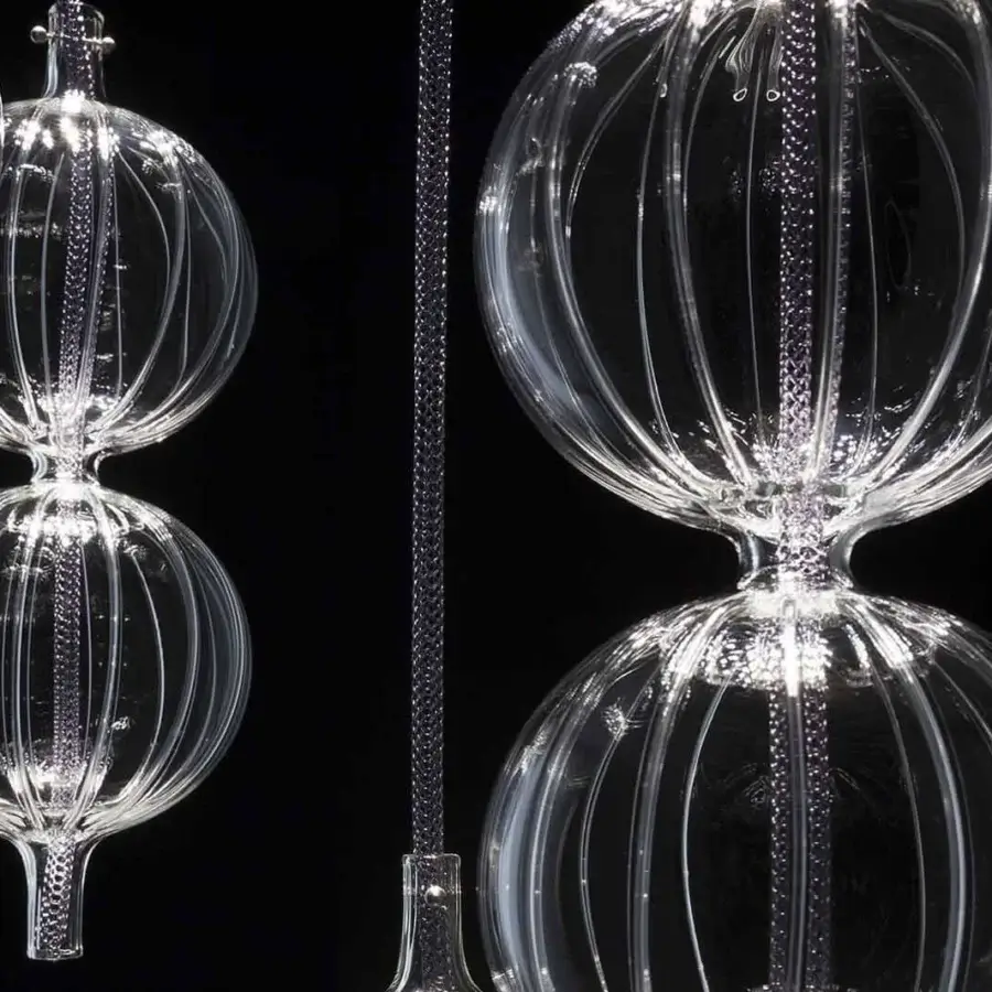Exceptional melogranoblu Hydra - Lambda suspension lamp with hand-blown glass pendants and colored metallic cords in mirror finish
