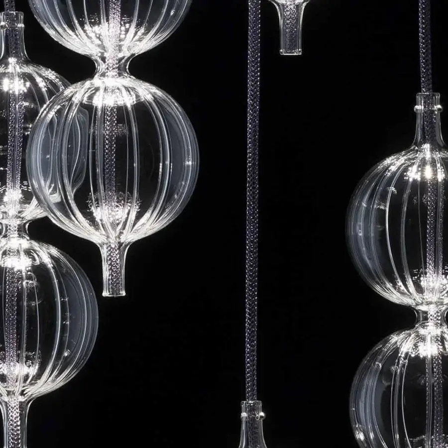 Lavish melogranoblu Hydra - Lambda suspension lamp with hand-blown glass pendants and colored metallic cords crafted in Italy