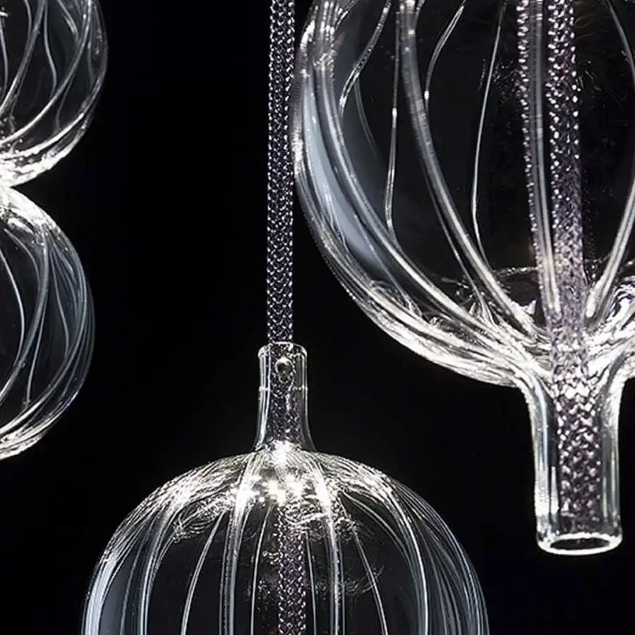 Superior melogranoblu Hydra - Lambda suspension lamp with hand-blown glass pendants and colored metallic cords crafted in Italy