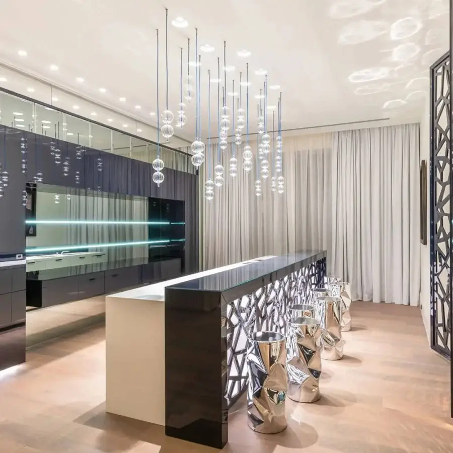 Exquisite melogranoblu Hydra - Lambda suspension lamp with clear hand-blown glass pendants and mirror metal finish