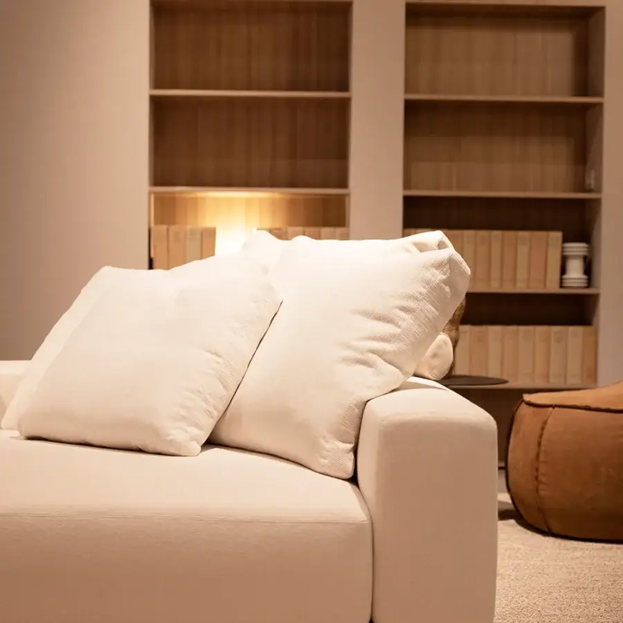 Superior Verzelloni Lands sectional in neutral beige textile with recessed black lacquered beech wood feet