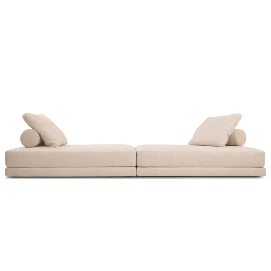 Elegant Verzelloni Lands daybed built in light beige textile with matte finish and recessed black lacquered beech wood base