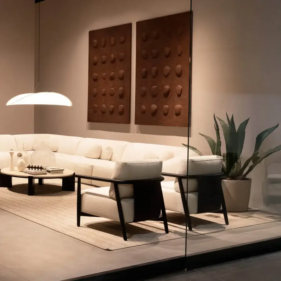 Exceptional Verzelloni Meg Lounge Chair built with solid oak and neutral beige textile with black lacquer finish