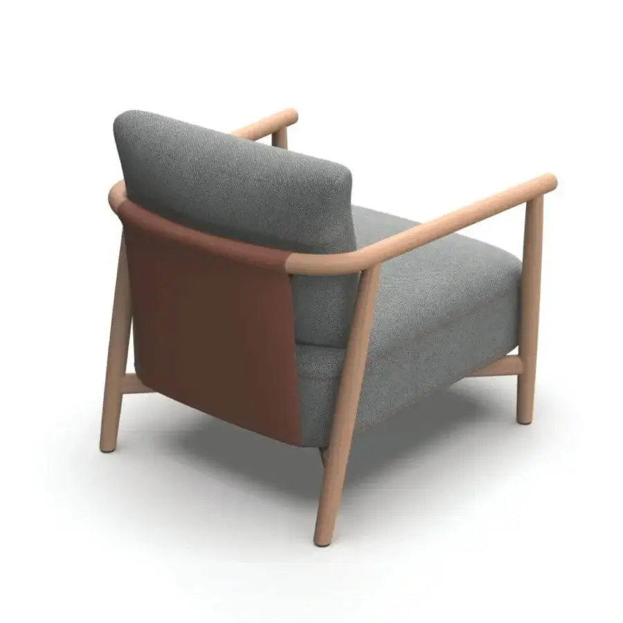 Exceptional Verzelloni Meg Lounge Chair with solid oak frame, dark brown leather backrest, and gray textile upholstery in white oil finish