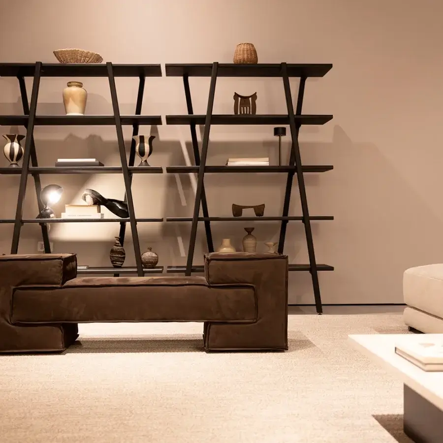 Elegant Verzelloni Reef bench crafted with textured brownish-tan cotton fiber upholstery and recessed black lacquered beech wood feet