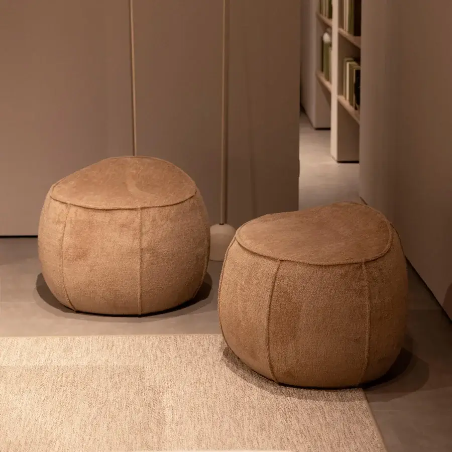 Exceptional Verzelloni Woody ottoman crafted with textured earthy brown bouclé fabric and raw-edge stitching