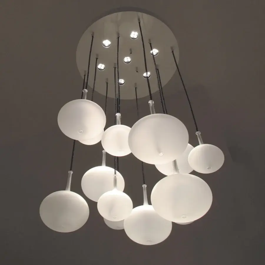 Exceptional melogranoblu Hydra suspension lamp with hand-blown frosted glass shades and mirror-finish metallic cords