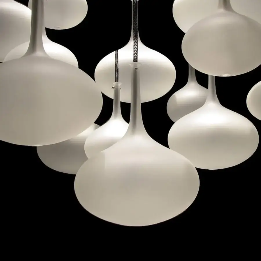 Distinguished melogranoblu Hydra Onion suspension lamp with metallic cords and hand-blown frosted glass shades in mirror finish