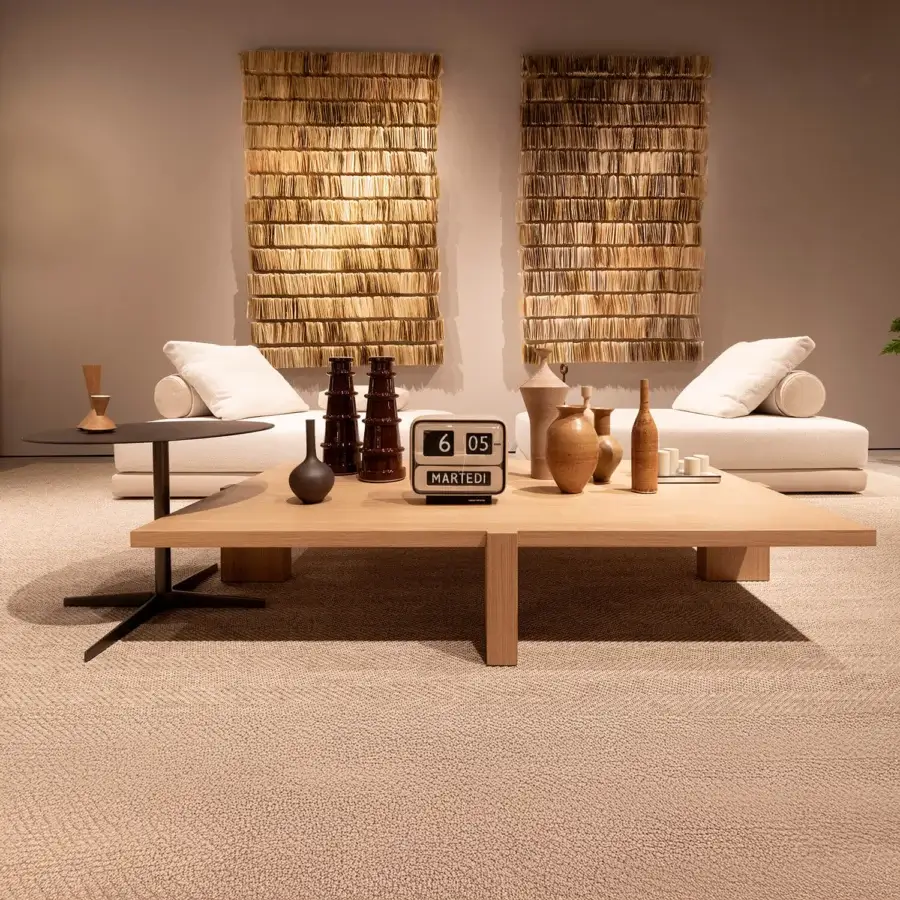 Distinguished Verzelloni Tivoli coffee table with warm oak wood tabletop and black lacquered open-pore base