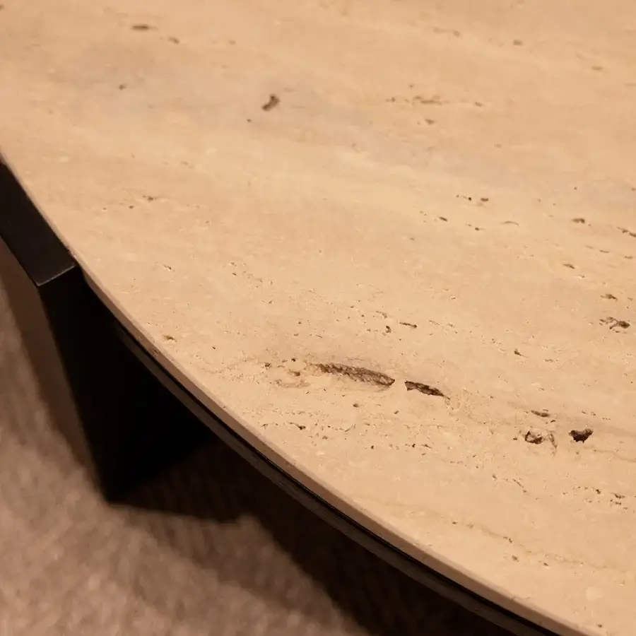 Distinguished Verzelloni Tivoli coffee table with Travertino marble top and Black Lacquered open-pore oak wood base