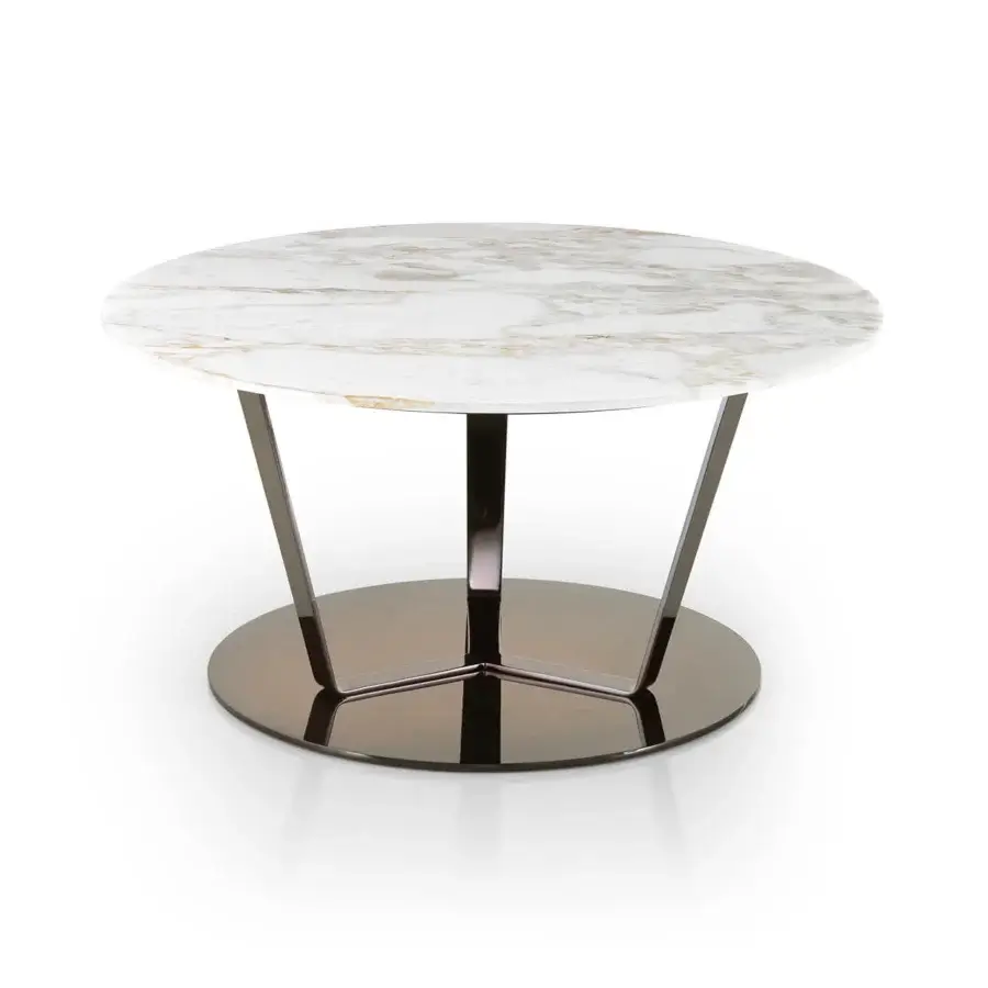 Lavish DV Home Collection Soho coffee table with shining stainless steel base and polished onyx tabletop exhibiting gold veining