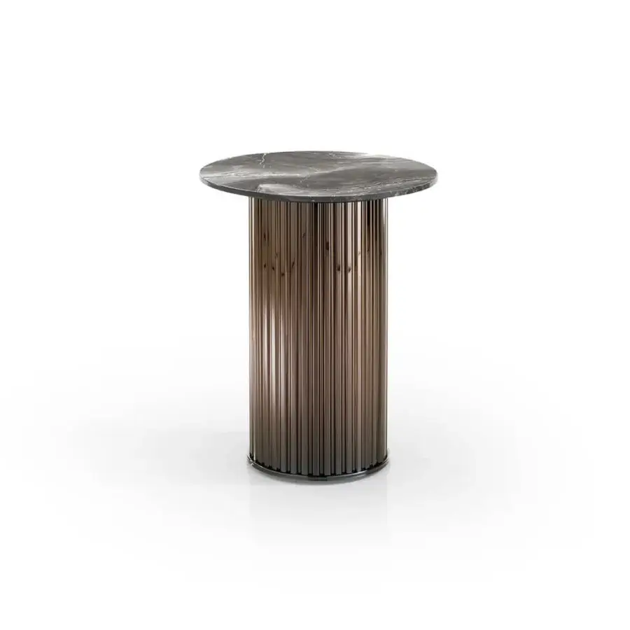 Exclusive DV Home Collection Windsor coffee table with cylindrical polished stainless steel base and natural marble top with grey veining