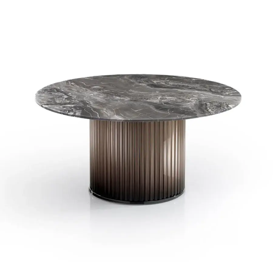 Distinguished DV Home Collection Windsor coffee table with cool gray marble top and polished stainless steel base