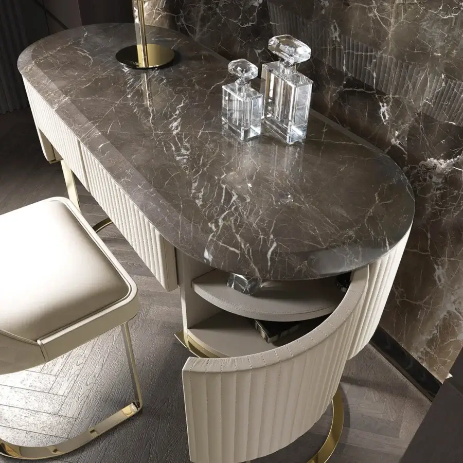 Superior DV Home Collection Soho vanity with neutral beige leather upholstery and luminous steel base crafted in marble
