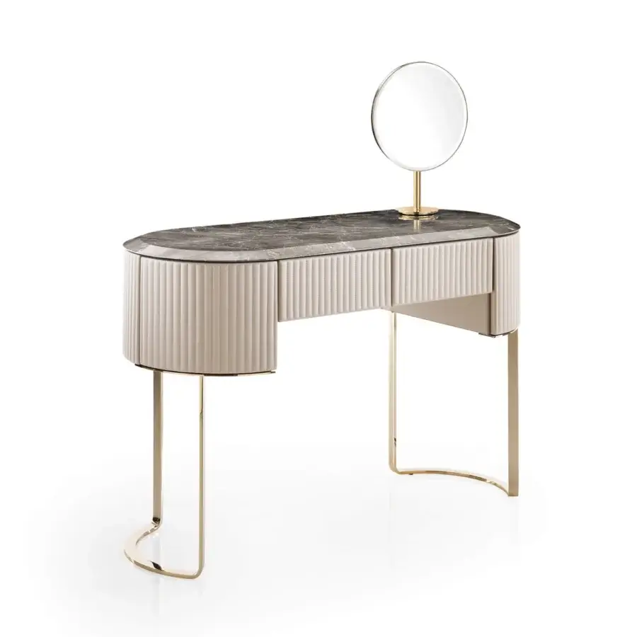 Distinguished DV Home Collection Soho vanity with dark grey marble and off-white leather upholstery in golden metal