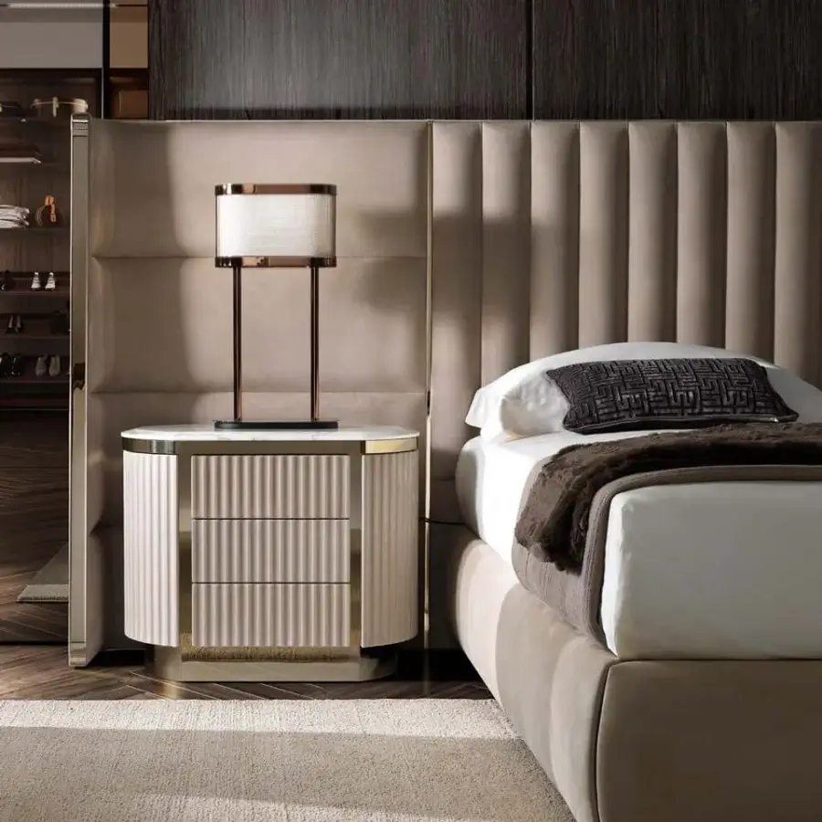 Superior DV Home Collection Hollywood Cannetè nightstand in pale beige leather with cannetè finish and luminous steel accents