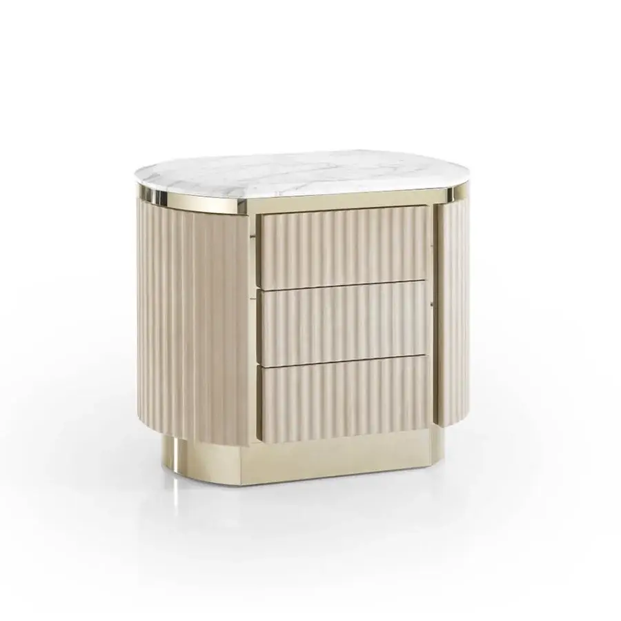 Lavish DV Home Collection Hollywood Cannetè nightstand built with warm beige wood, radiant white marble, and cannetè leather accents