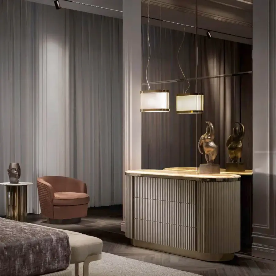 Exceptional DV Home Collection Hollywood Cannetè dresser crafted in Italy with fine leather upholstery and radiant marble