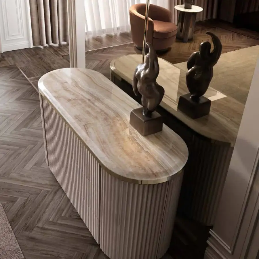 Superior DV Home Collection Hollywood Cannetè dresser built with leather, steel inserts and marble, revealing a matt lacquered finish