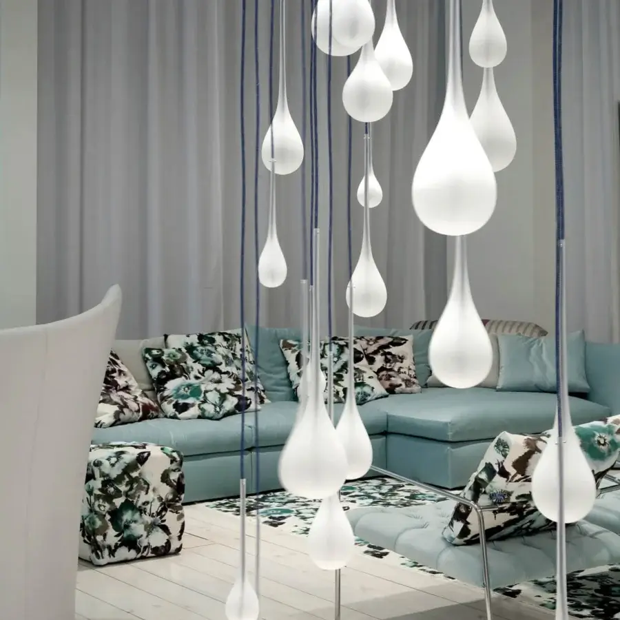 Distinguished melogranoblu Hydra suspension lamp with hand-blown glass diffusers and colored metallic cords in a mirror finish