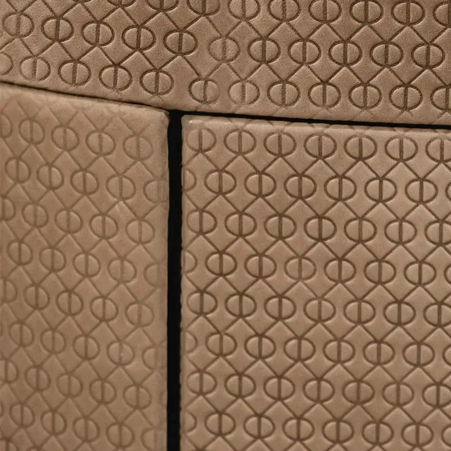 Elegant Rugiano Beverly nightstand with varnished bronze and luxuriously upholstered fine leather in neutral beige and taupe hues with a matte finish