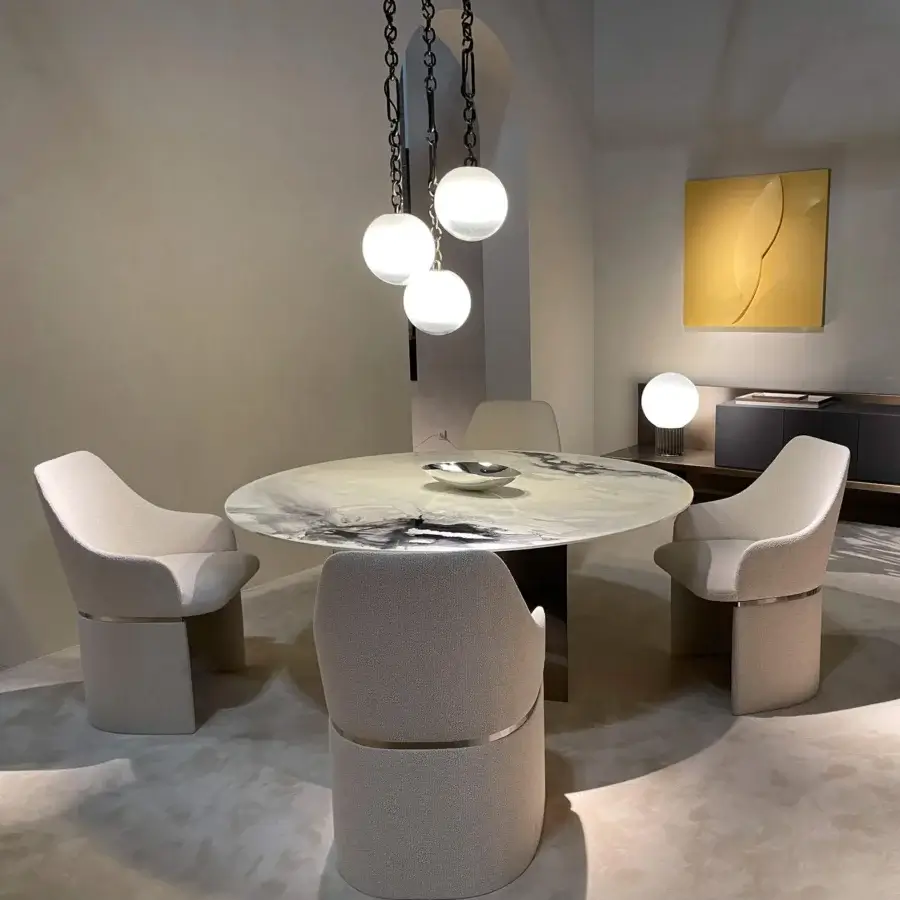 Superior Rugiano Blanco table crafted in Italy with gray and white marbled surface and sleek metal base