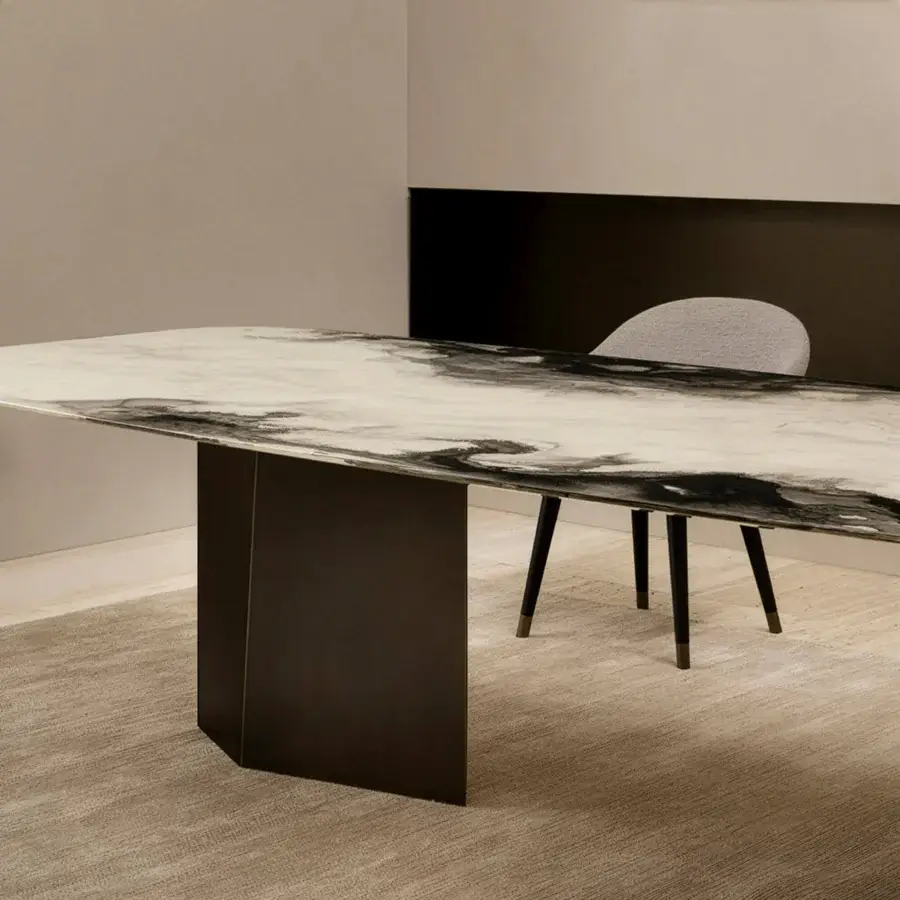 Superior Rugiano Blanco table with white marble displaying black veining and a polished metal base crafted with dark wood accents