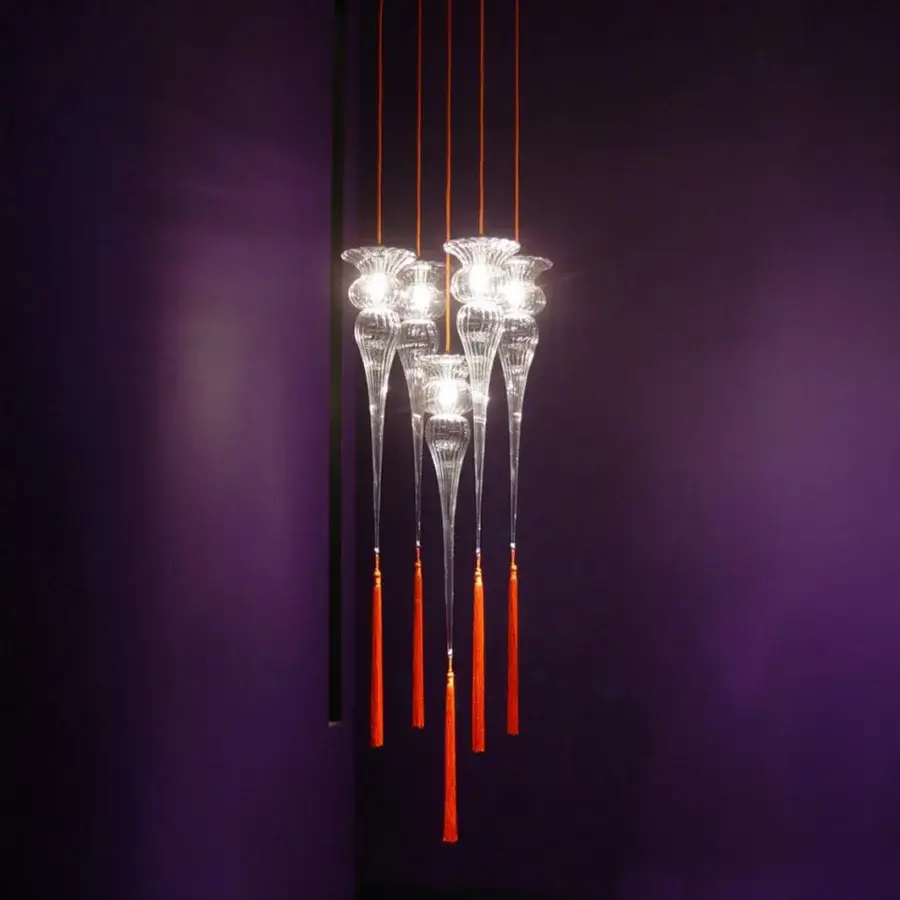 Exclusive melogranoblu Opera - Turandot suspension lamp handcrafted from ruled hand-blown glass with a silk tassel and dark-toned metal framework