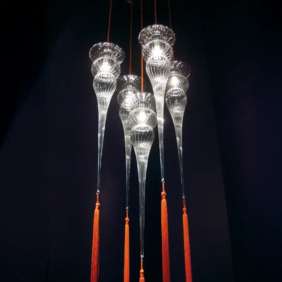 Distinguished melogranoblu Opera - Turandot suspension lamp handcrafted in ruled hand-blown glass with vibrant orange silk tassel