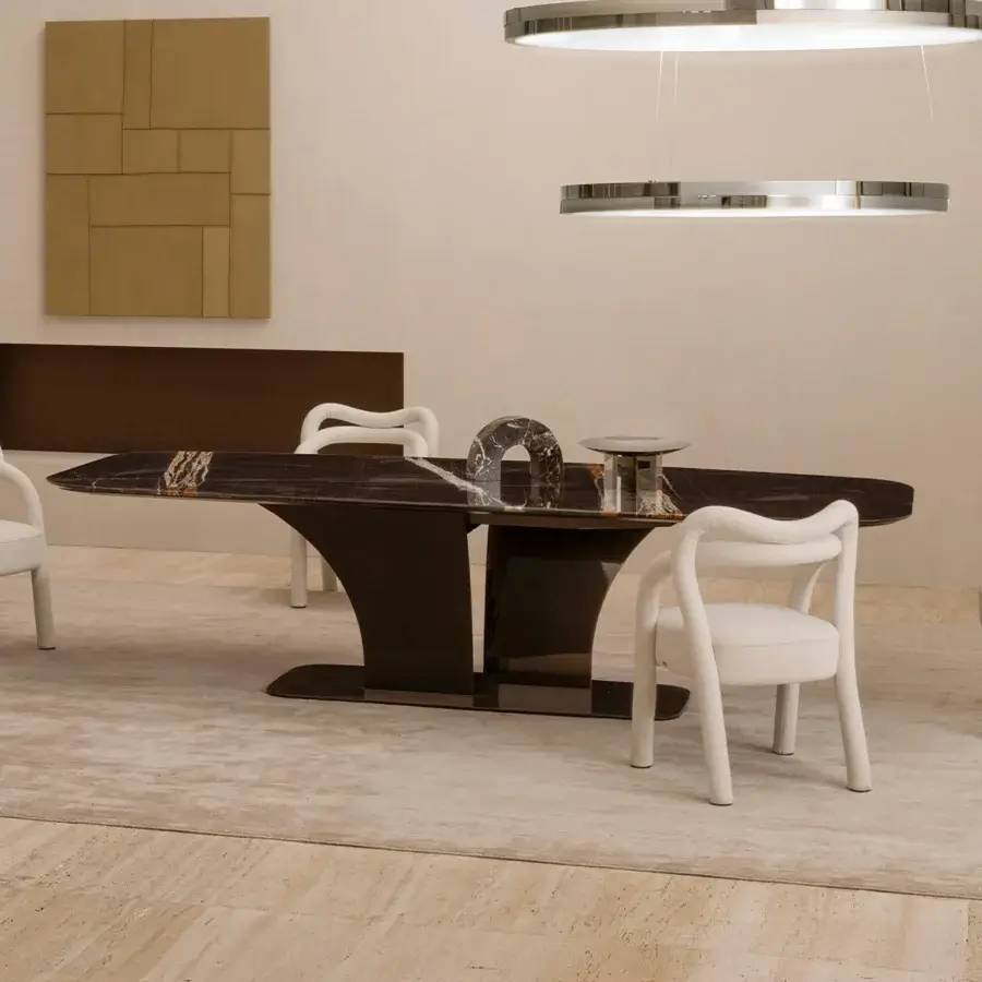 Distinguished Rugiano Spectro table with expansive dark marble tabletop and sculpted wood base crafted in polished finishes