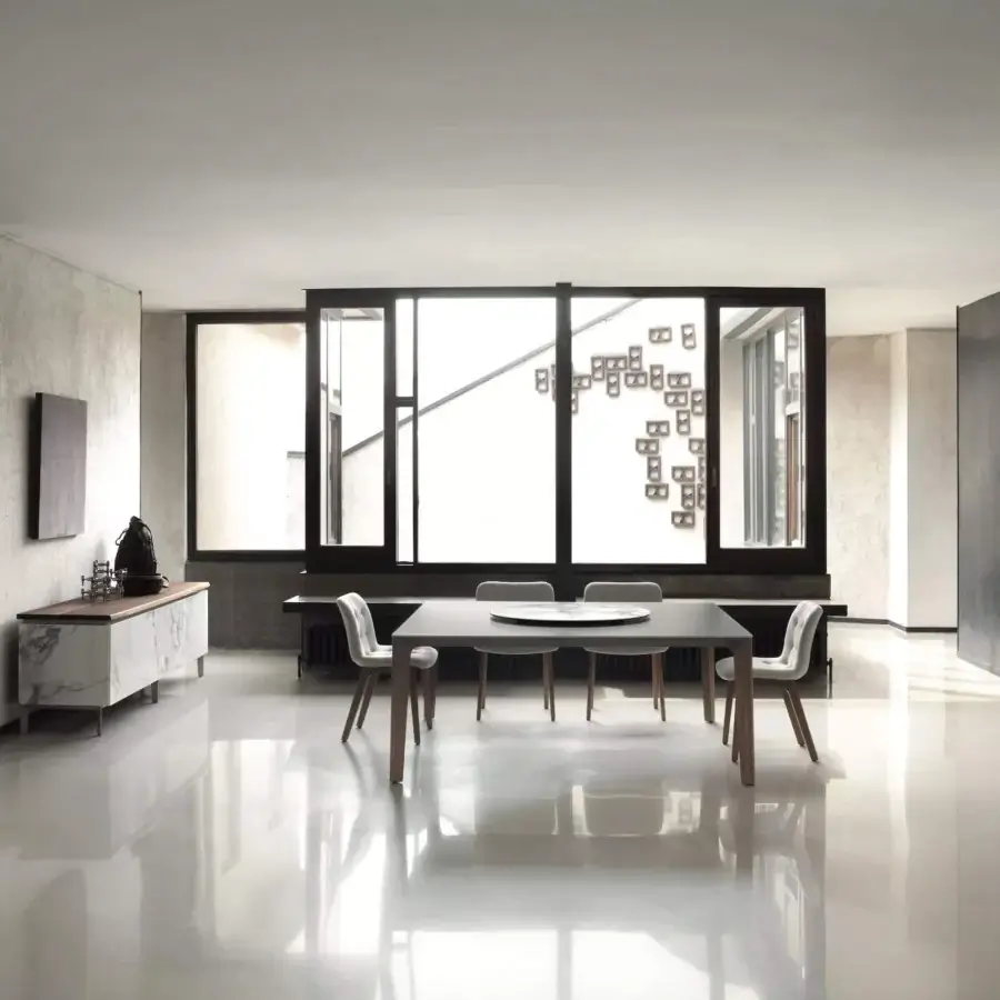 Distinguished Bontempi Versus Square table with sinuous steel frame and satin-finish medium-toned brown wood tabletop