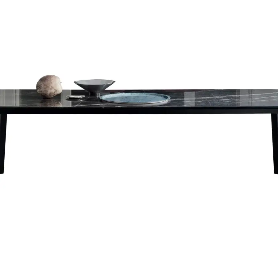 Elegant Bontempi Versus table with dark stone tabletop and skillfully crafted wooden legs in polished finish