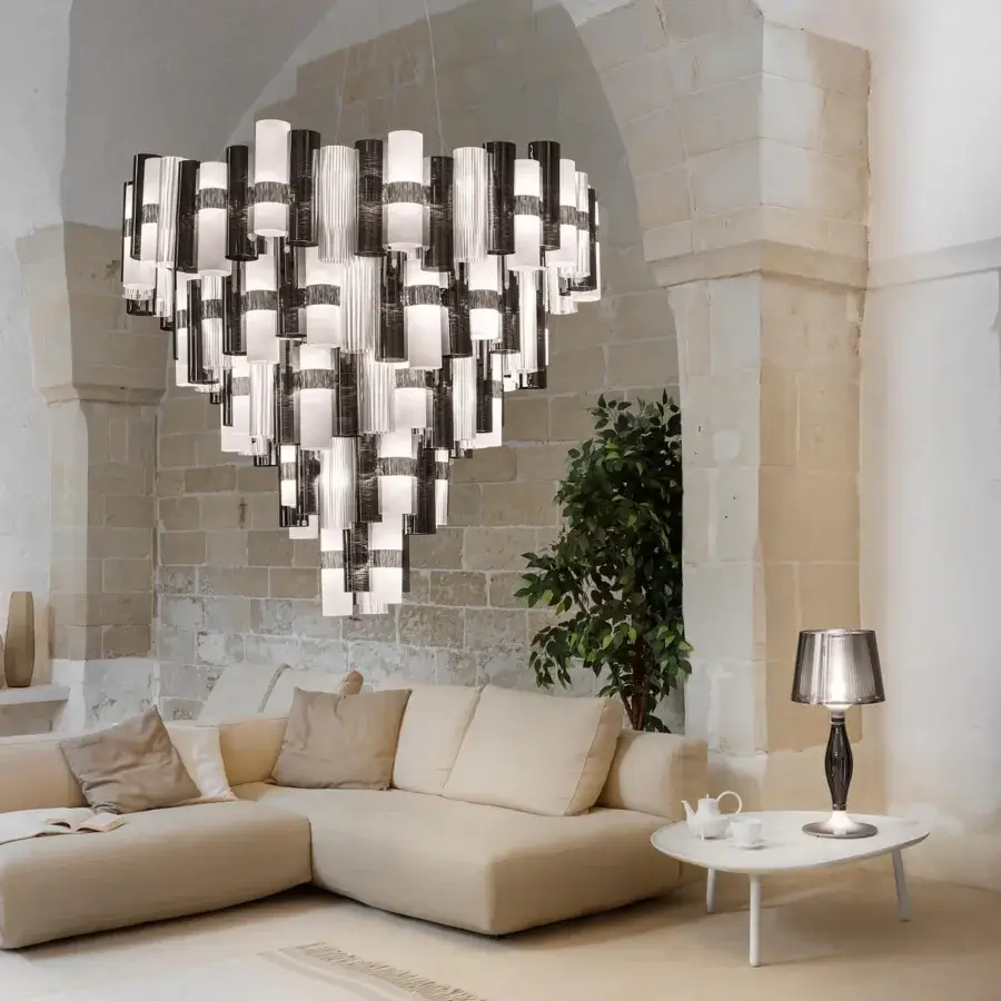 Exclusive Slamp La Lollona suspension lamp built with white and translucent Lentiflex® modules in Opalflex® finish