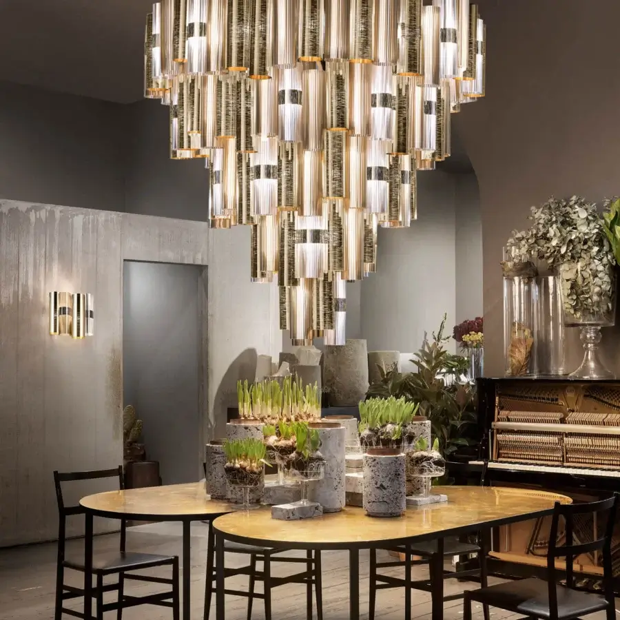 Superior Slamp La Lollona suspension lamp with cascading cylindrical modules in warm beige Lentiflex® and Opalflex® finish