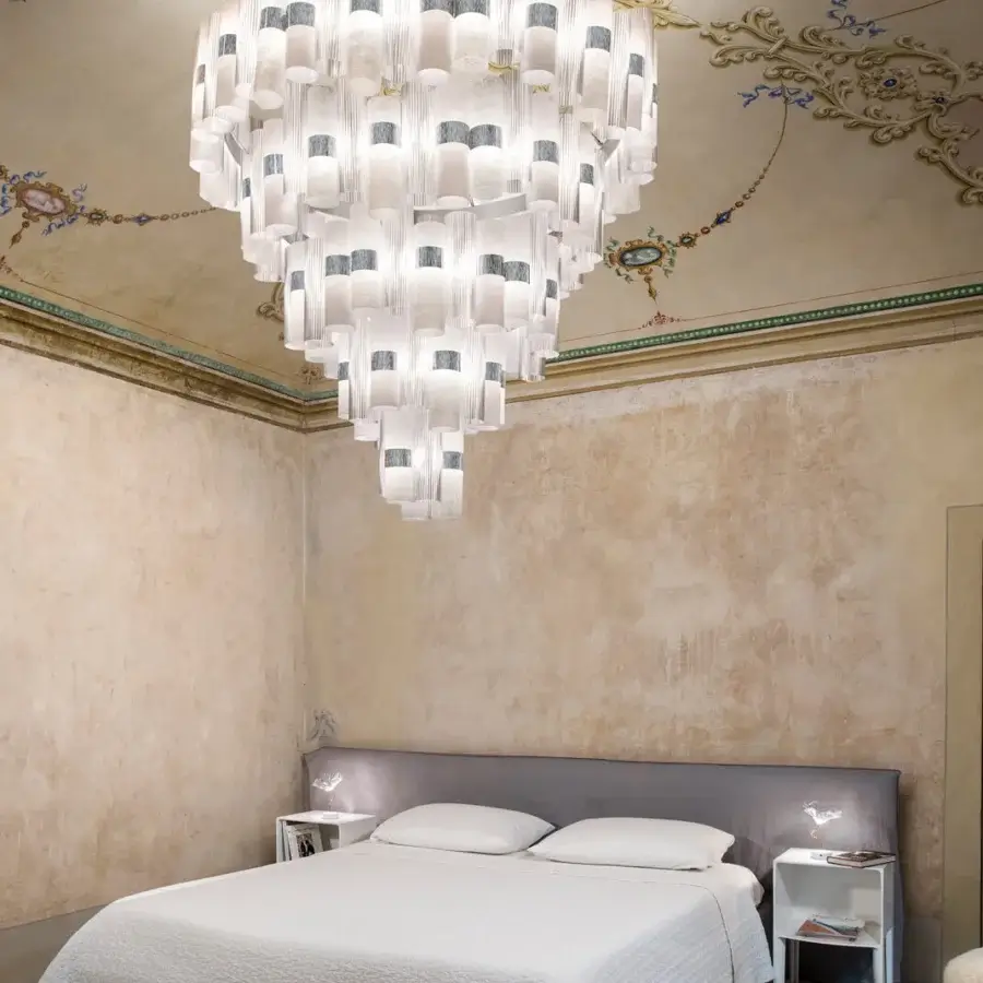 Distinguished Slamp La Lollona suspension lamp crafted in translucent white Lentiflex® with Opalflex® finish and subtle gray-blue shading
