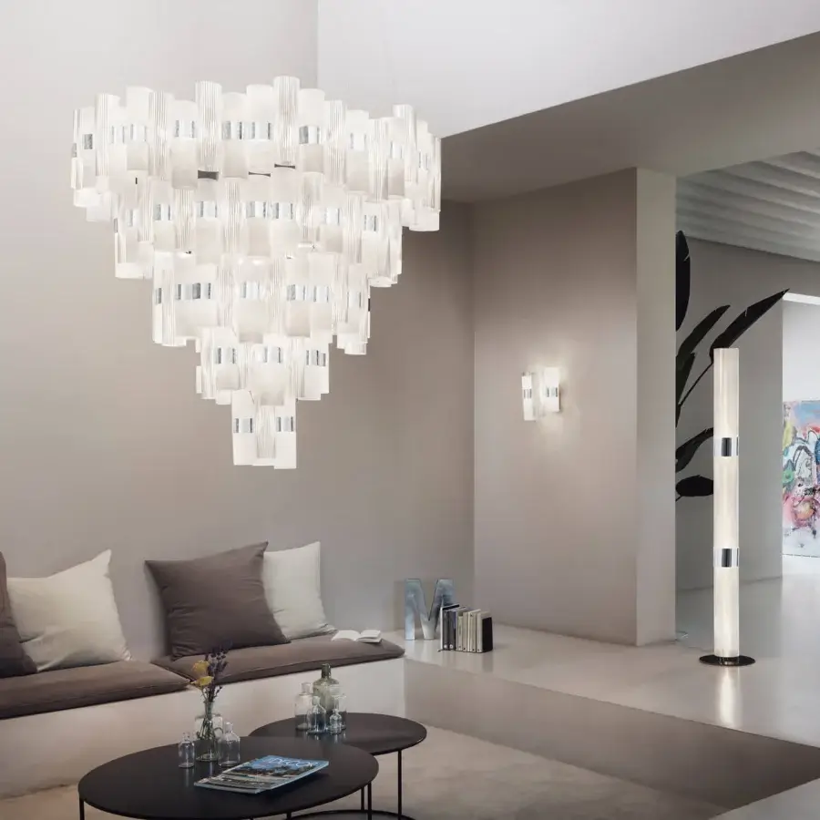 Superior Slamp La Lollona suspension lamp in milky white Lentiflex® with Opalflex® finish and cascading translucent cylinders