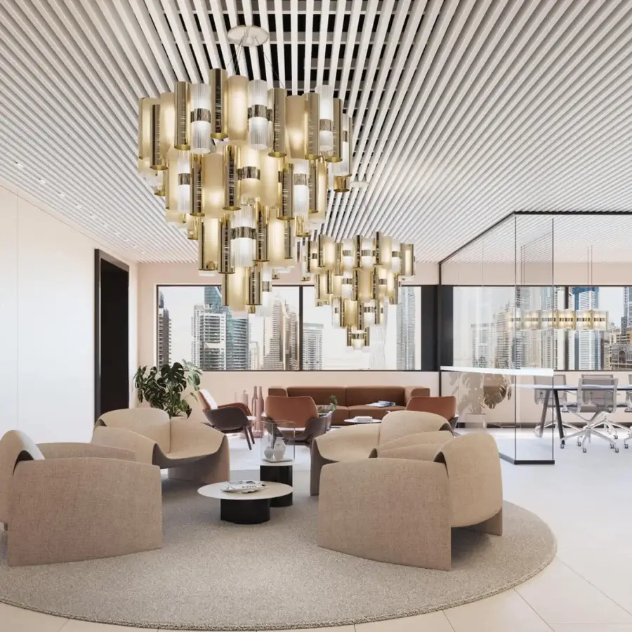 Captivating Slamp La Lollona suspension lamp with warm gold Lentiflex® and Opalflex® finish, showcasing a dynamic cascading cylinder arrangement