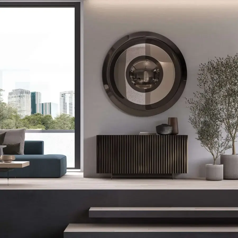 Superior Ozzio Italia Dorian mirror crafted with metal and glass in a refined bronze finish featuring concentric circles