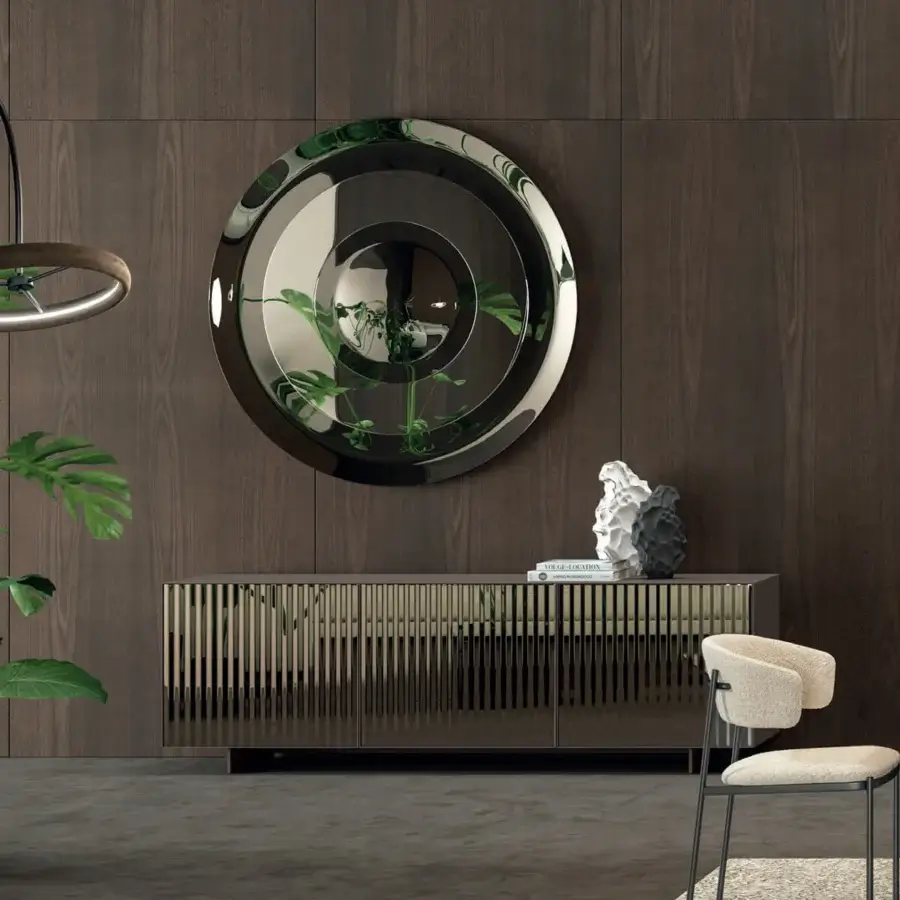 Exclusive Ozzio Italia Dorian mirror crafted with flat and curved glass in bronze and smoky finish