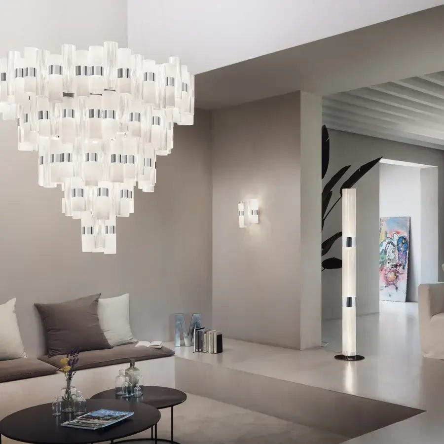 Elegant Slamp La Lollo floor lamp with ribbed shade crafted in technopolymers and polished steel base