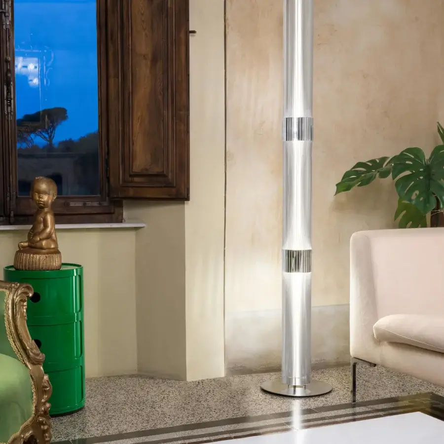 Distinguished Slamp La Lollo floor lamp with cylindrical silhouette crafted in Lentiflex® and Opalflex® technopolymers with satin finish