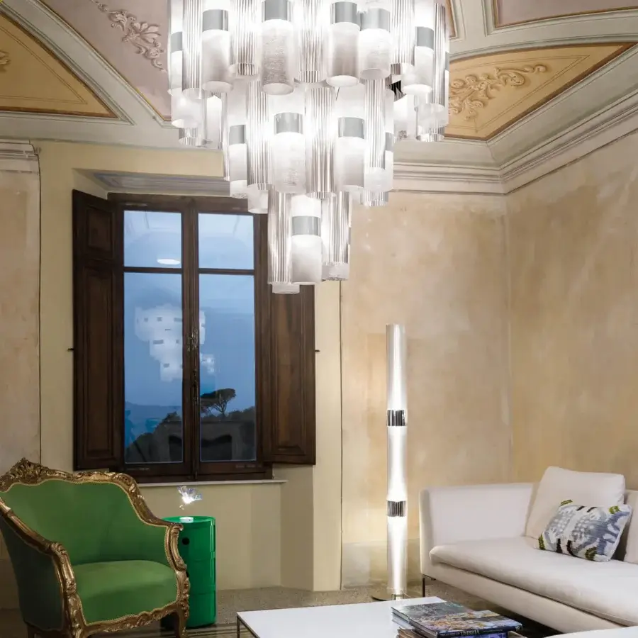 Exceptional Slamp La Lollo floor lamp with stacked cylinders crafted in Lentiflex®, Opalflex® and polished steel with a brilliant white finish