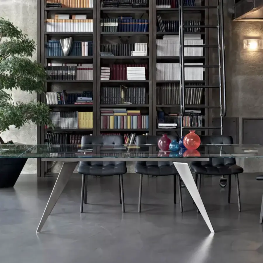 Cutting-edge Bontempi Ramos table with transparent glass tabletop and dark matte metal angled supports
