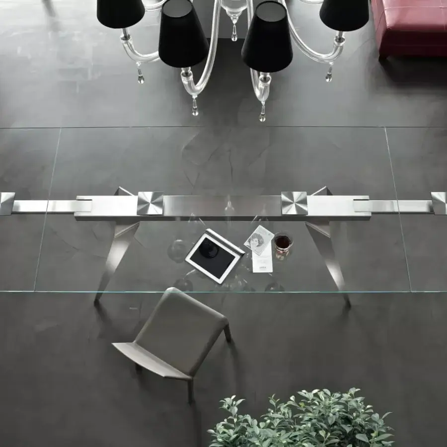 Superior Bontempi Ramos table with sleek transparent glass tabletop and polished metal base