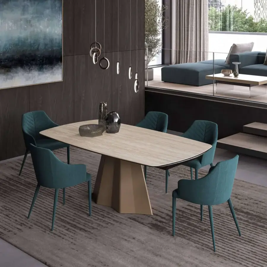 Distinguished Ozzio Italia Regiorgio armchair upholstered in teal Tango fabric and soft eco-leather nabuk with slender metal legs