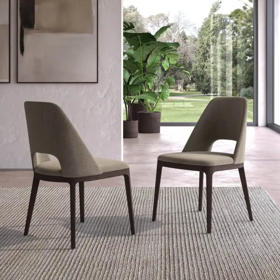 Hole chairs by Ozzio Italia, taupe boucle upholstery, dark wood frames with angled legs and open-slatted backrests, modern interior setting.