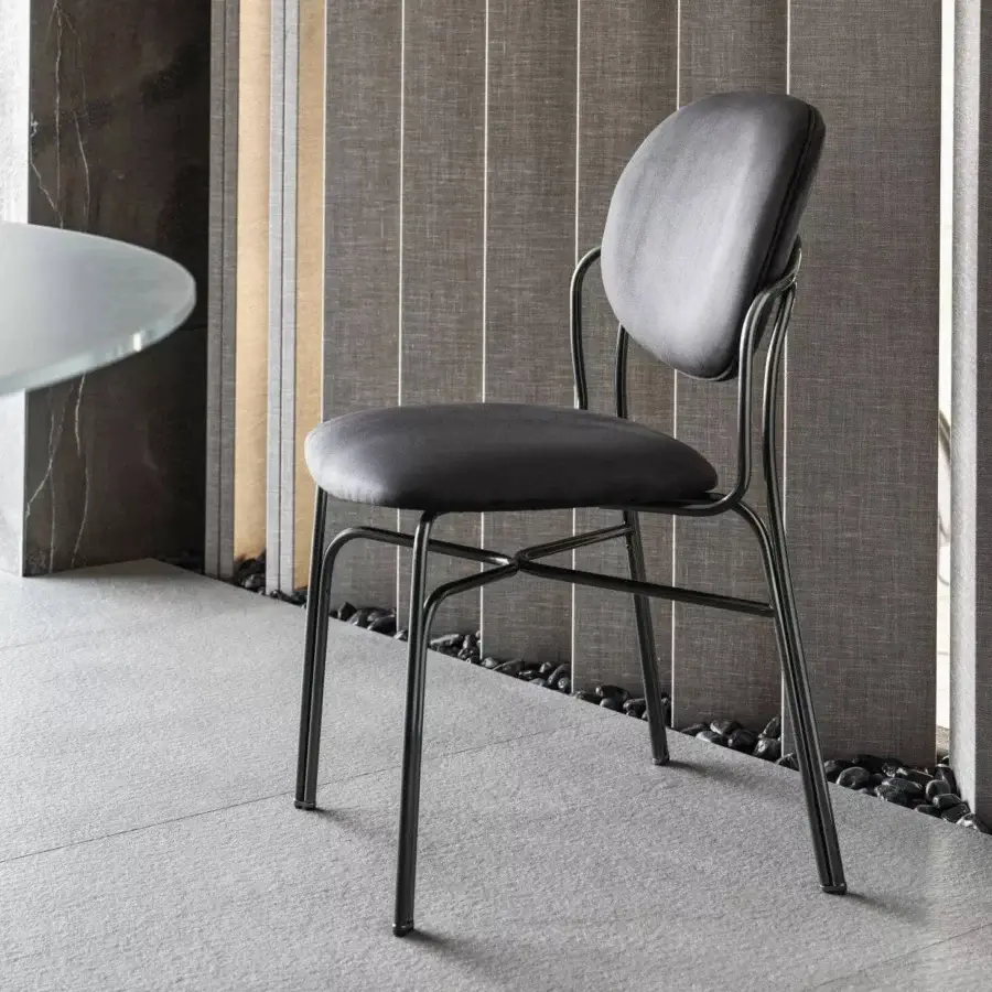 Elegant Bontempi Dada chair with a sleek metal frame and soft textile upholstery in dark gray finish