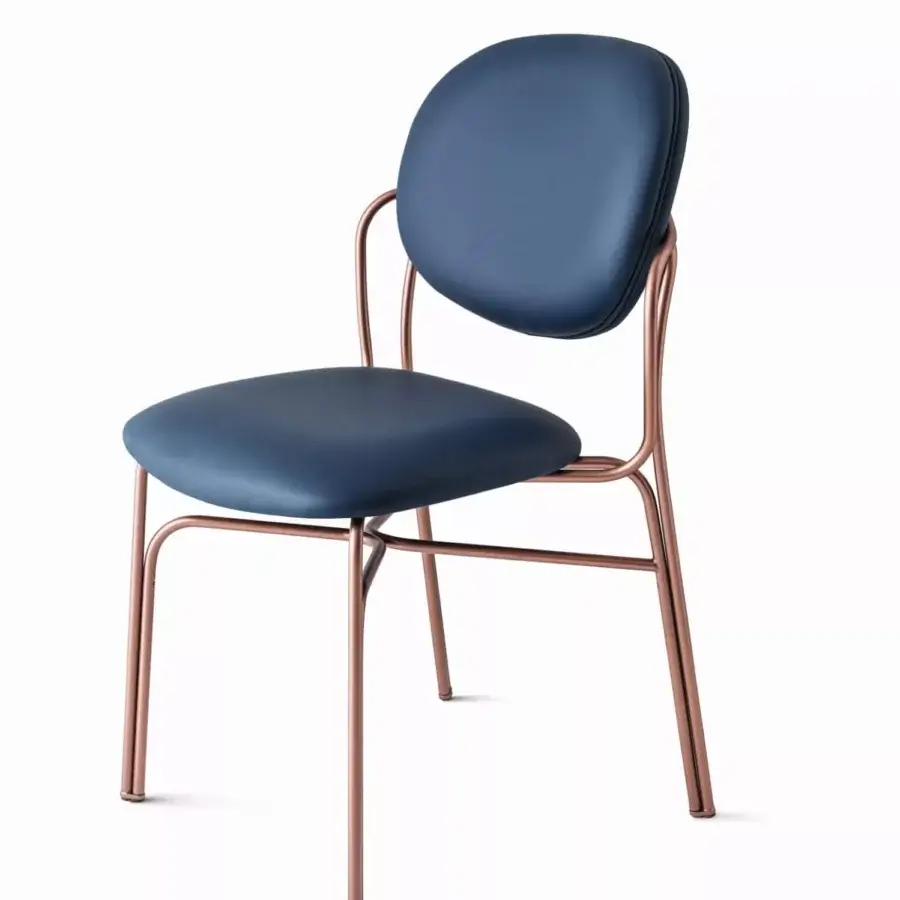 Captivating Bontempi Dada chair with a sleek metal frame and dark blue textile upholstery with rose-gold toned finish