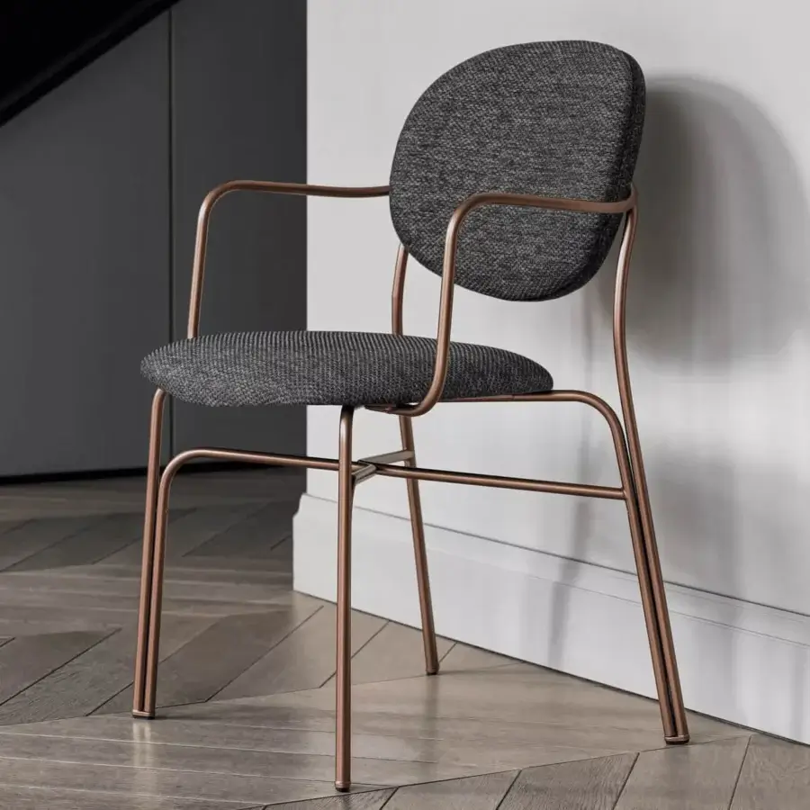 Superior Bontempi Dada chair with a metal frame, dark gray textile upholstery and warm copper-toned satin finish