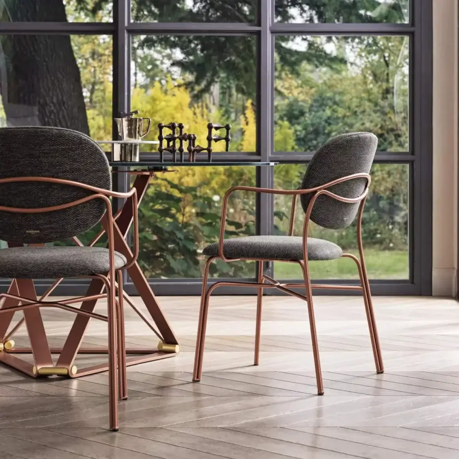 Exceptional Bontempi Dada chair with a sleek metal frame and soft textured gray textile upholstery with a satin finish